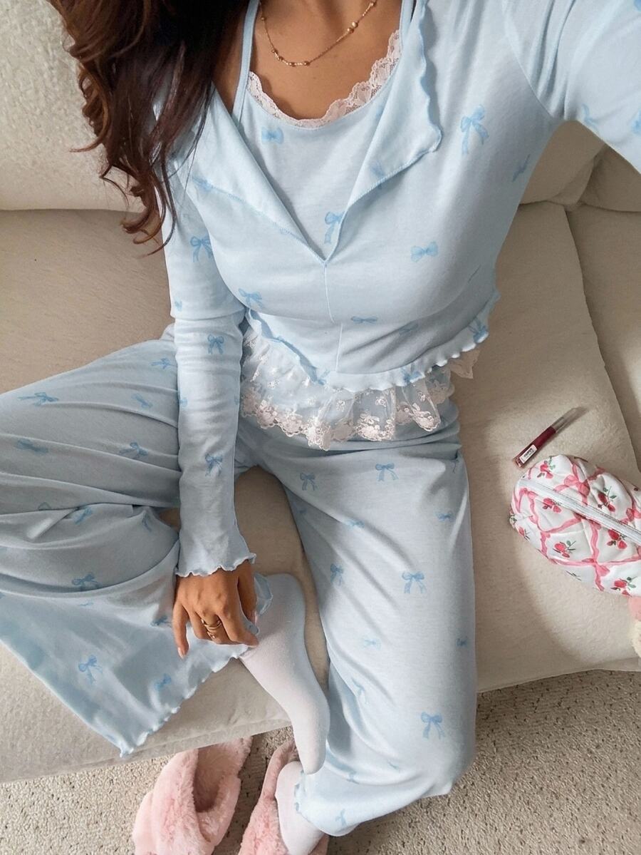 DAZY 女款蕾絲拼接蝴蝶結印花上衣與長褲睡衣套裝 秋季 - 藍色 - 查看 1