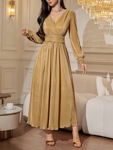 DAZY Women's Solid Color V-Neck Pleated Casual Party Dress Fall - Ginger - View 3