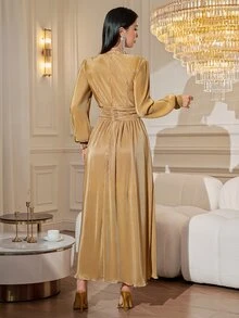 DAZY Women's Solid Color V-Neck Pleated Casual Party Dress Fall - Ginger - View 2