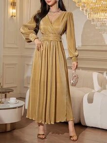 DAZY Women's Solid Color V-Neck Pleated Casual Party Dress Fall - Ginger - View 7