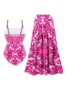 SHEIN Swim 全新夏季随机花卉印花细肩带泳衣，带荷叶边沙滩裙，高端海滩度假两件套服装 - 粉色 - 查看 2