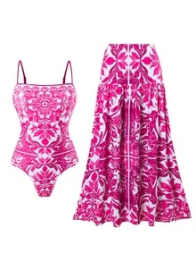 SHEIN Swim 全新夏季随机花卉印花细肩带泳衣，带荷叶边沙滩裙，高端海滩度假两件套服装 - 粉色 - 查看 4
