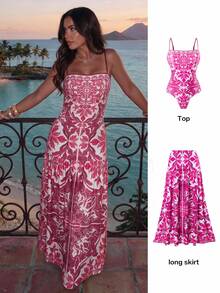SHEIN Swim 全新夏季随机花卉印花细肩带泳衣，带荷叶边沙滩裙，高端海滩度假两件套服装 - 粉色 - 查看 1
