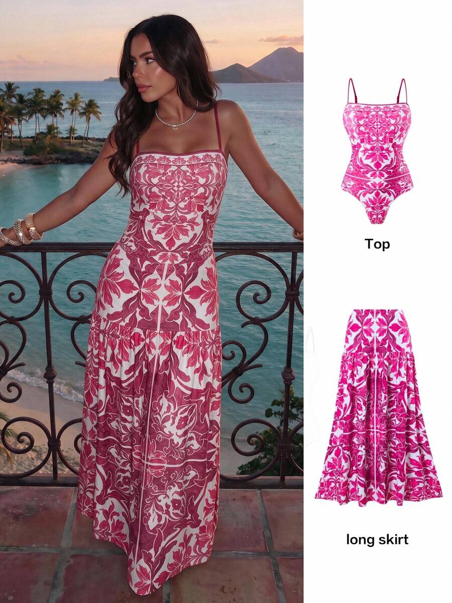 SHEIN Swim 全新夏季随机花卉印花细肩带泳衣,带荷叶边沙滩裙,高端海滩度假两件套服装 - 粉色 - 查看 1