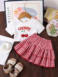 SHEIN Girls' Cherry Print Set, White Short Sleeve Top And Brown Gingham Ruffle Skirt, Summer, Matching Outfits For Young Girls Family Vacation, 7th Birthday - Red - View 4