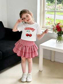 SHEIN Girls' Cherry Print Set, White Short Sleeve Top And Brown Gingham Ruffle Skirt, Summer, Matching Outfits For Young Girls Family Vacation, 7th Birthday - Red - View 9