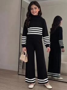 SHEIN Tween女孩 雙層保暖內裡 加厚條紋 極簡風 長袖針織上衣與長褲套裝 秋季 - 黑與白 - 查看 1