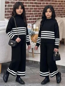 SHEIN Tween女孩 雙層保暖內裡 加厚條紋 極簡風 長袖針織上衣與長褲套裝 秋季 - 黑與白 - 查看 4