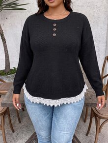 Weeklong Plus Size Autumn/Winter Round Neck Asymmetrical Pullover Button Knit Sweater With Waffle Texture And Lace Trim Hem, Loose Fit - Black - View 4