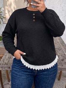 Weeklong Plus Size Autumn/Winter Round Neck Asymmetrical Pullover Button Knit Sweater With Waffle Texture And Lace Trim Hem, Loose Fit - Black - View 5