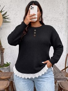 Weeklong Plus Size Autumn/Winter Round Neck Asymmetrical Pullover Button Knit Sweater With Waffle Texture And Lace Trim Hem, Loose Fit - Black - View 3