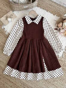 SHEIN Tween Girls 2-In-1 Knit Kids Polka Dot Collar Long Sleeve Dress - Multicolor - View 6