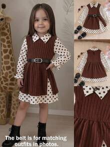 SHEIN Tween Girls 2-In-1 Knit Kids Polka Dot Collar Long Sleeve Dress - Multicolor - View 4