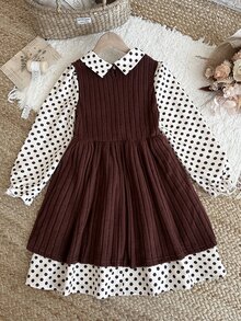 SHEIN Tween Girls 2-In-1 Knit Kids Polka Dot Collar Long Sleeve Dress - Multicolor - View 10