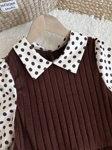SHEIN Tween Girls 2-In-1 Knit Kids Polka Dot Collar Long Sleeve Dress - Multicolor - View 8