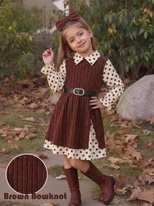 SHEIN Tween Girls 2-In-1 Knit Kids Polka Dot Collar Long Sleeve Dress - Multicolor - View 3