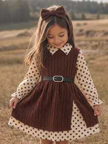 SHEIN Tween Girls 2-In-1 Knit Kids Polka Dot Collar Long Sleeve Dress - Multicolor - View 1