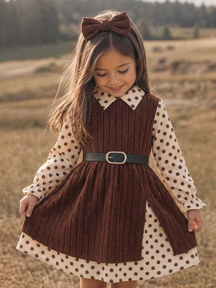 SHEIN Đầm len 2 trong 1 tay dài cổ chấm bi cho bé gái tuổi teen - Nhiều màu - Xem 1