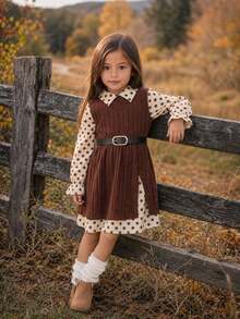 SHEIN Tween Girls 2-In-1 Knit Kids Polka Dot Collar Long Sleeve Dress - Multicolor - View 5
