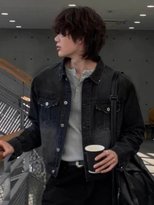 DAZY Áo khoác denim nam túi nắp cho mùa thu - màu đen - Xem 5