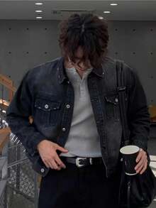 DAZY Áo khoác denim nam túi nắp cho mùa thu - màu đen - Xem 3