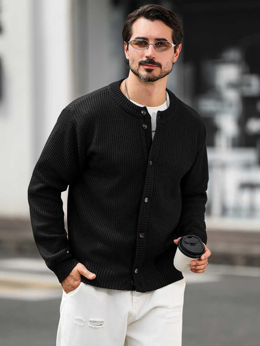Marcello Vane 男士純色鈕扣前開長袖開襟衫,老錢風 - 黑色 - 查看 1