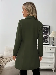 SHEIN 女士优雅休闲通勤黑白拼接长款羊毛混纺大衣 - 軍綠色 - 查看 2