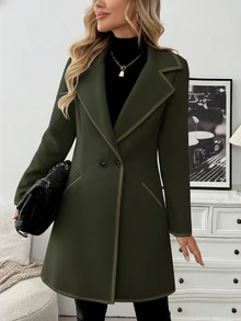 SHEIN 女士优雅休闲通勤黑白拼接长款羊毛混纺大衣 - 軍綠色 - 查看 5