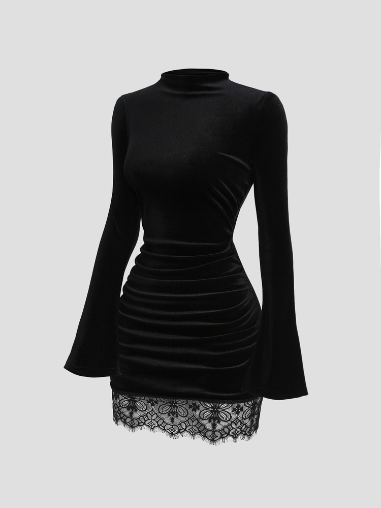 Sweetra Women's Spicy Style Gothic Sexy Semi-High Neck Flare Sleeve Ruched Bodycon Lace Trim Mini Dress Halloween Night Out Cocktail Black Fall - Black - View 5