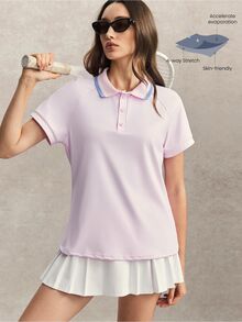 Activina Women's Colorblock Casual Versatile Sports Polo Shirt - Pink - View 8