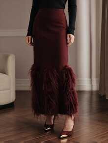 Anewsta Autumn/Winter New Fashion Classic Solid Color Patchwork Bodycon Slimming Faux Fur Striped Skirt - Burgundy - View 7