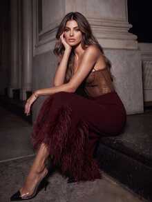 Anewsta Autumn/Winter New Fashion Classic Solid Color Patchwork Bodycon Slimming Faux Fur Striped Skirt - Burgundy - View 6