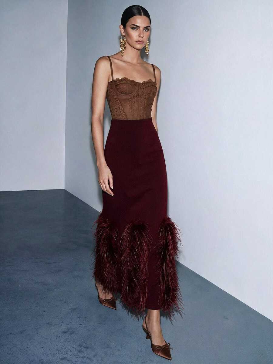 Anewsta Autumn/Winter New Fashion Classic Solid Color Patchwork Bodycon Slimming Faux Fur Striped Skirt - Burgundy - View 1