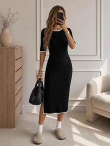 Easowa Casual Relaxed Elegant Commute Autumn/Winter Women's Mid-Length Dress - Black - View 4