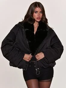 SHEIN BAE Women's Solid Color Long Sleeve Zipper Front Casual Winter Jacket - Black - View 6