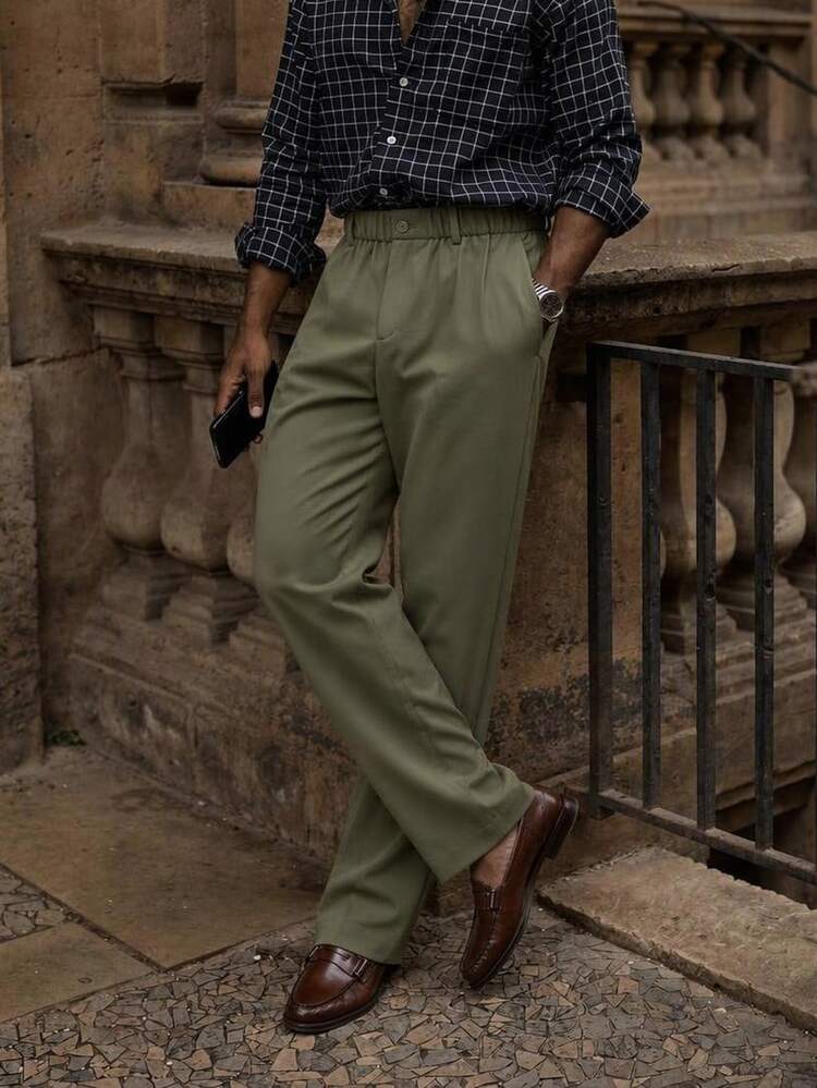 AKNOTIC Men's Solid Color Straight Leg Casual Commute Suit Pants With Pockets Halloween Christmas Winter Party Autumn - Army Green - View 6