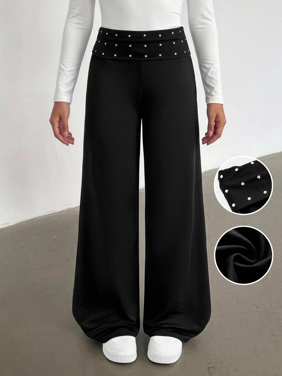 SHEIN Tween Girl Kids Black Elegant Y2K Rhinestone Long Pants, Suitable For Spring, Summer, Autumn, Winter - Black - View 1