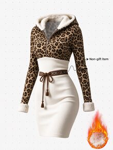 SHEIN LUNE 女款拼色長袖拉鍊半開襟休閒連帽中長洋裝 - 彩色 - 查看 6