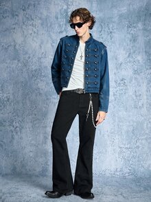 ROMWE MEN Street Life 男士皇家風格牛仔長袖襯衫 - 藍色 - 查看 6