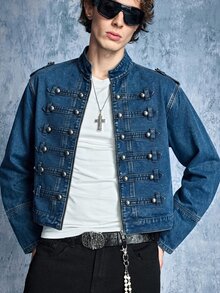 ROMWE MEN Street Life 男士皇家風格牛仔長袖襯衫 - 藍色 - 查看 4