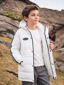 SHEIN Tween Boy Letter Patched Kids Contrast Piping Hooded Puffer Coat , Winter - White - View 4