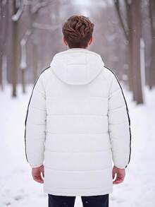 SHEIN Tween Boy Letter Patched Kids Contrast Piping Hooded Puffer Coat , Winter - White - View 5