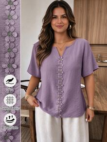 Weeklong Blusa holgada de manga corta con estampado floral, parches y volantes para mujer talla grande, ideal para vacaciones de primavera/verano - Morado - Ver 1