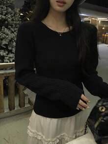 DAZY 女款圓領長袖後背打結設計時尚毛衣 秋季 - 黑色 - 查看 10
