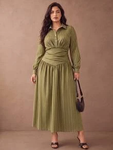 Juhart Plus Size Autumn/Winter Striped Collared Waist-Cinching Long Sleeve A-Line Dress - Olive Green - View 3