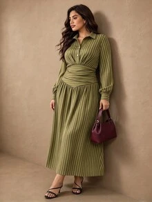 Juhart Plus Size Autumn/Winter Striped Collared Waist-Cinching Long Sleeve A-Line Dress - Olive Green - View 4