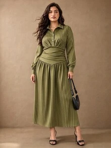 Juhart Plus Size Autumn/Winter Striped Collared Waist-Cinching Long Sleeve A-Line Dress - Olive Green - View 5