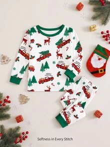 Young Boy Classic Long Sleeve & Long Pants Snug Fit Set, Classic Christmas Element Pattern Print, Cute Christmas Deer Pattern Print, Classic Christmas Candy Pattern Print, Classic Christmas Gingerbread Man Pattern Print, Christmas Snowman Pattern Print, Classic Christmas Tree Pattern Print, Suitable For Autumn/Winter, Suitable For Christmas - Multicolor - View 6