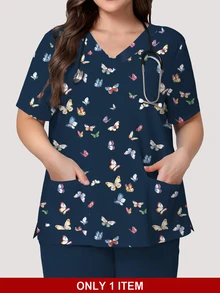PopScrub Women's Navy Scrub Top, Watercolor Butterfly Print, V-Neck Short Sleeve, Dual Pockets & Loop Tabs, Spring Summer, Only Top - Multicolor - View 1