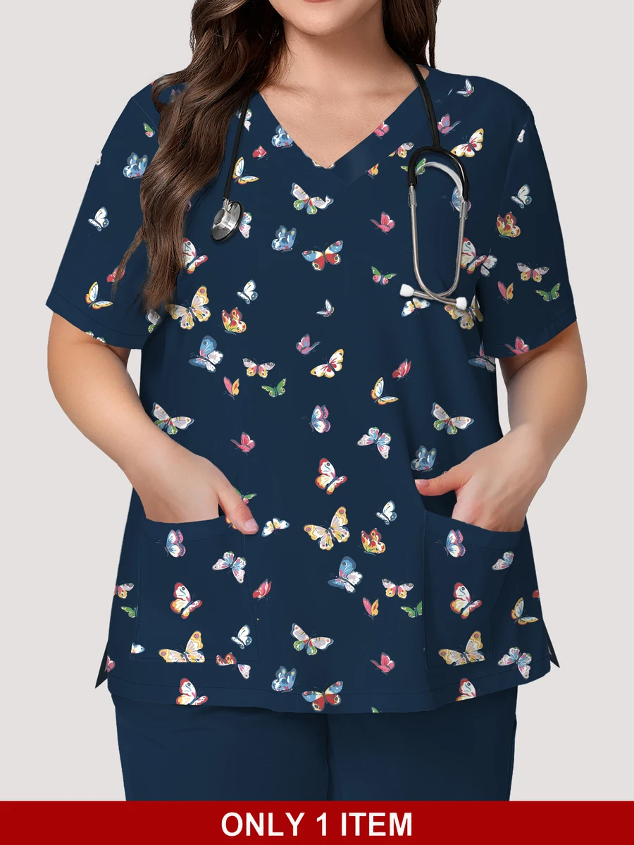 PopScrub Women's Navy Scrub Top, Watercolor Butterfly Print, V-Neck Short Sleeve, Dual Pockets & Loop Tabs, Spring Summer, Only Top - Multicolor - View 1